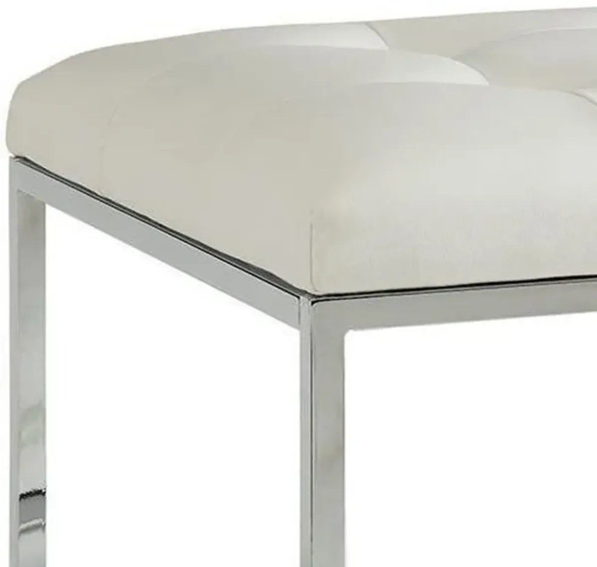 Leatherette Metal Frame Ottoman with Tufted Seating, White and Silver-Benzara