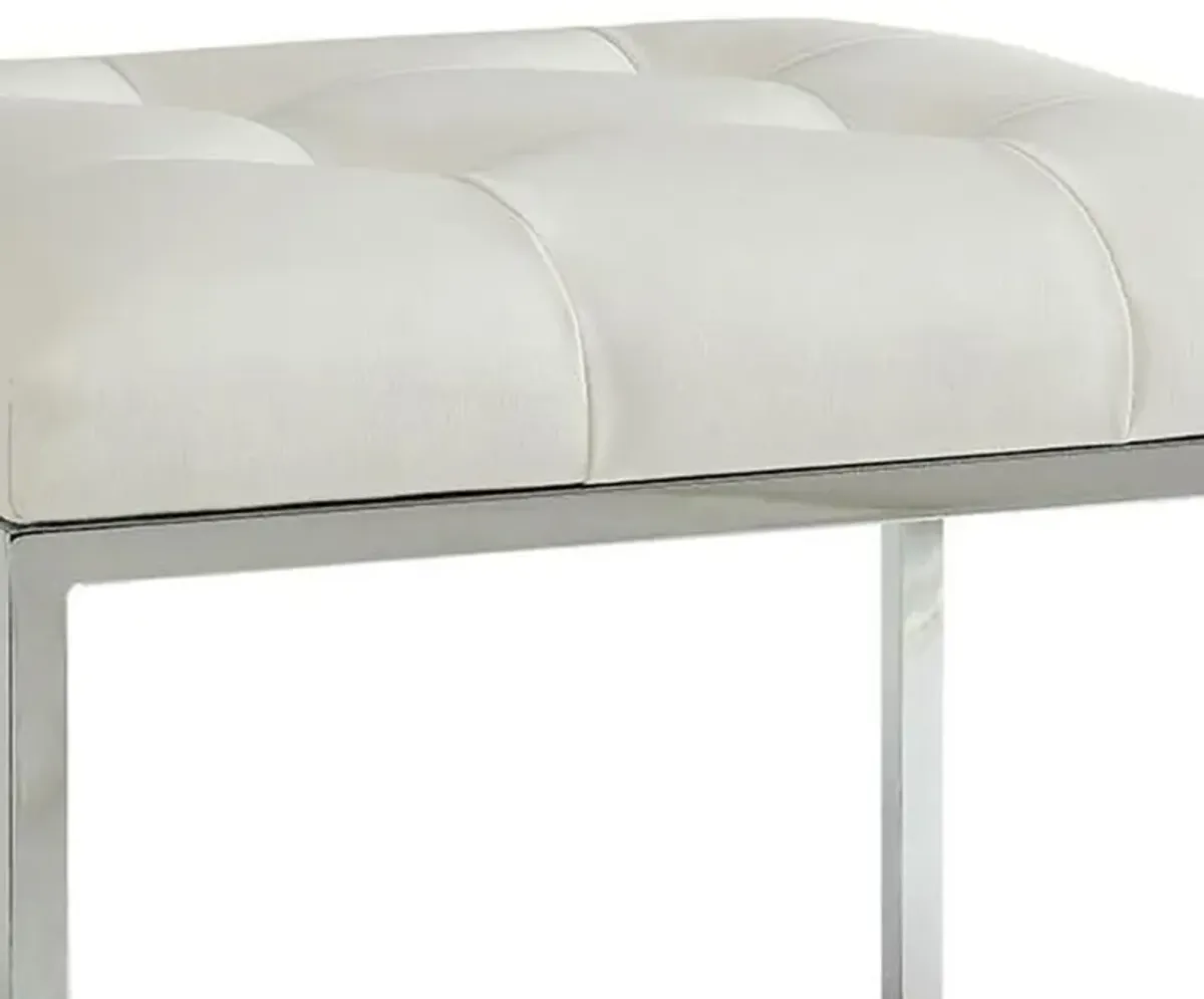 Leatherette Metal Frame Ottoman with Tufted Seating, White and Silver-Benzara