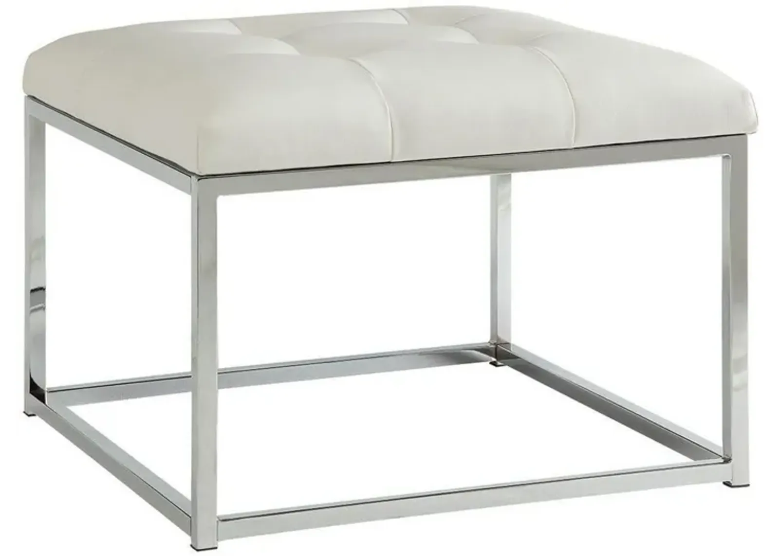 Leatherette Metal Frame Ottoman with Tufted Seating, White and Silver-Benzara