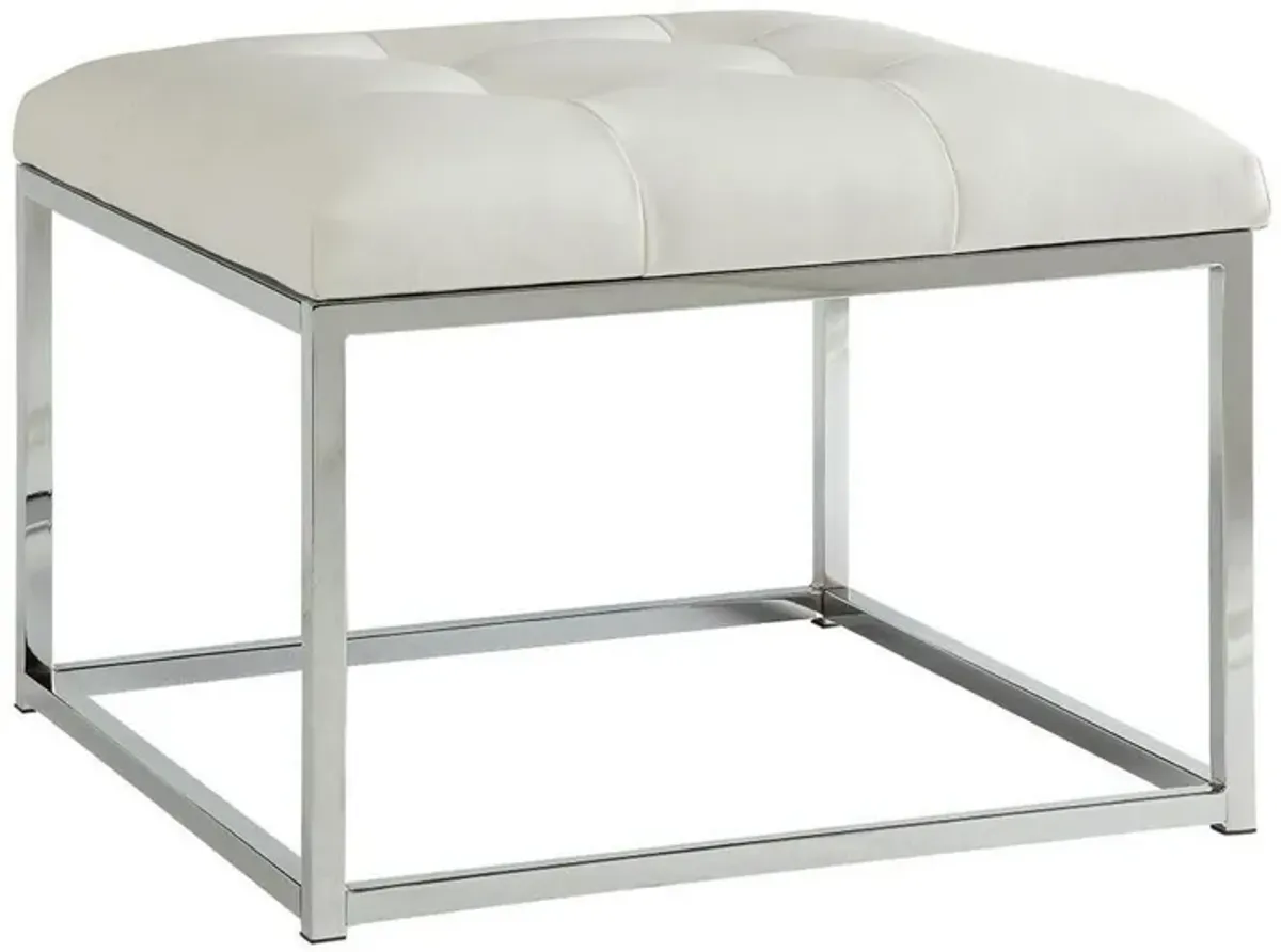 Leatherette Metal Frame Ottoman with Tufted Seating, White and Silver-Benzara