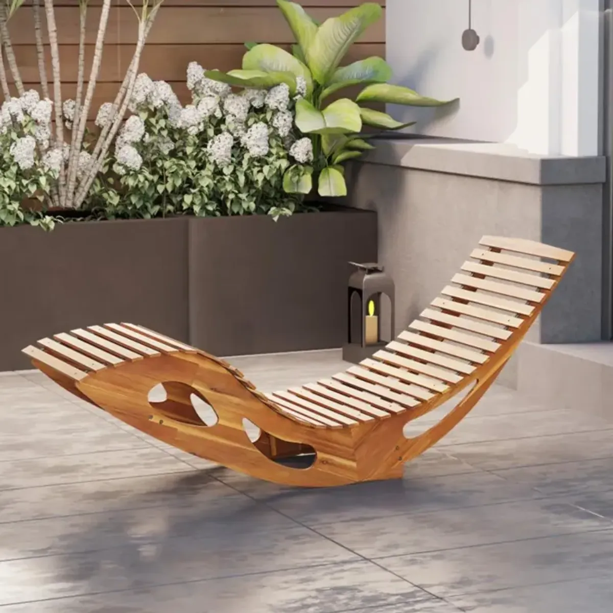 Hivvago Acacia Wood Patio Rocking Sun Lounger Chaise Lounge with Ergonomic Curved Seat