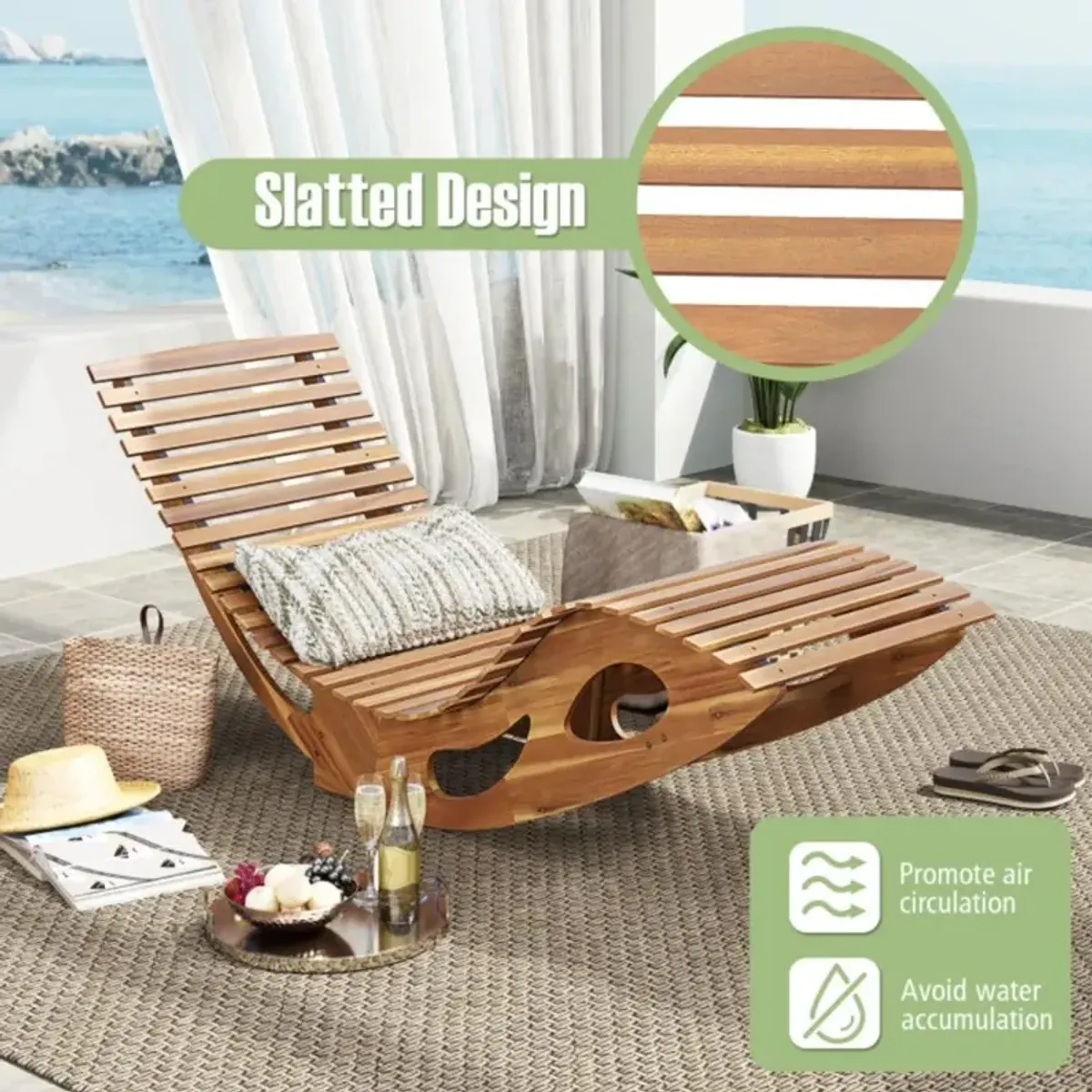 Hivvago Acacia Wood Patio Rocking Sun Lounger Chaise Lounge with Ergonomic Curved Seat