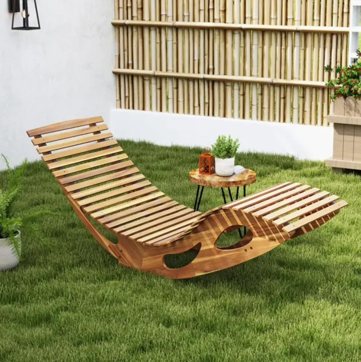 Hivvago Acacia Wood Patio Rocking Sun Lounger Chaise Lounge with Ergonomic Curved Seat