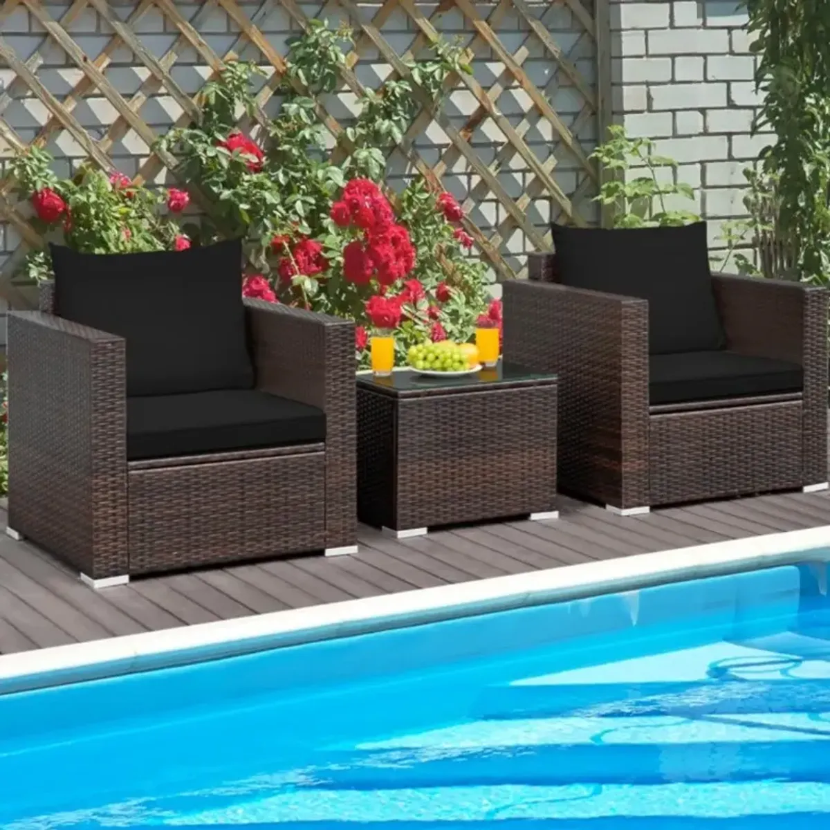 Hivvago 3 Pieces Patio Conversation Rattan Furniture Set with Cushion