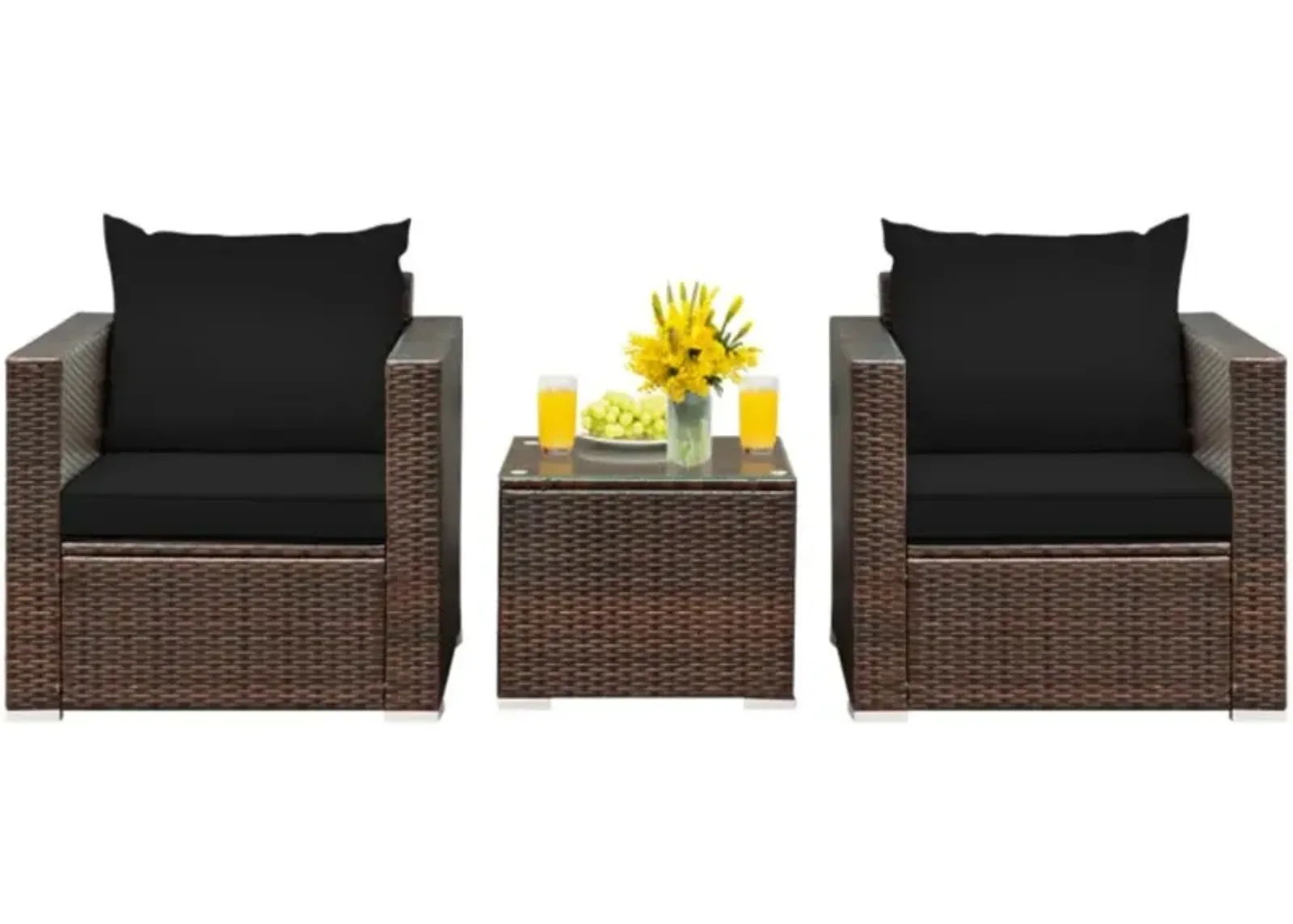 Hivvago 3 Pieces Patio Conversation Rattan Furniture Set with Cushion