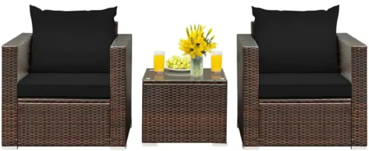 Hivvago 3 Pieces Patio Conversation Rattan Furniture Set with Cushion