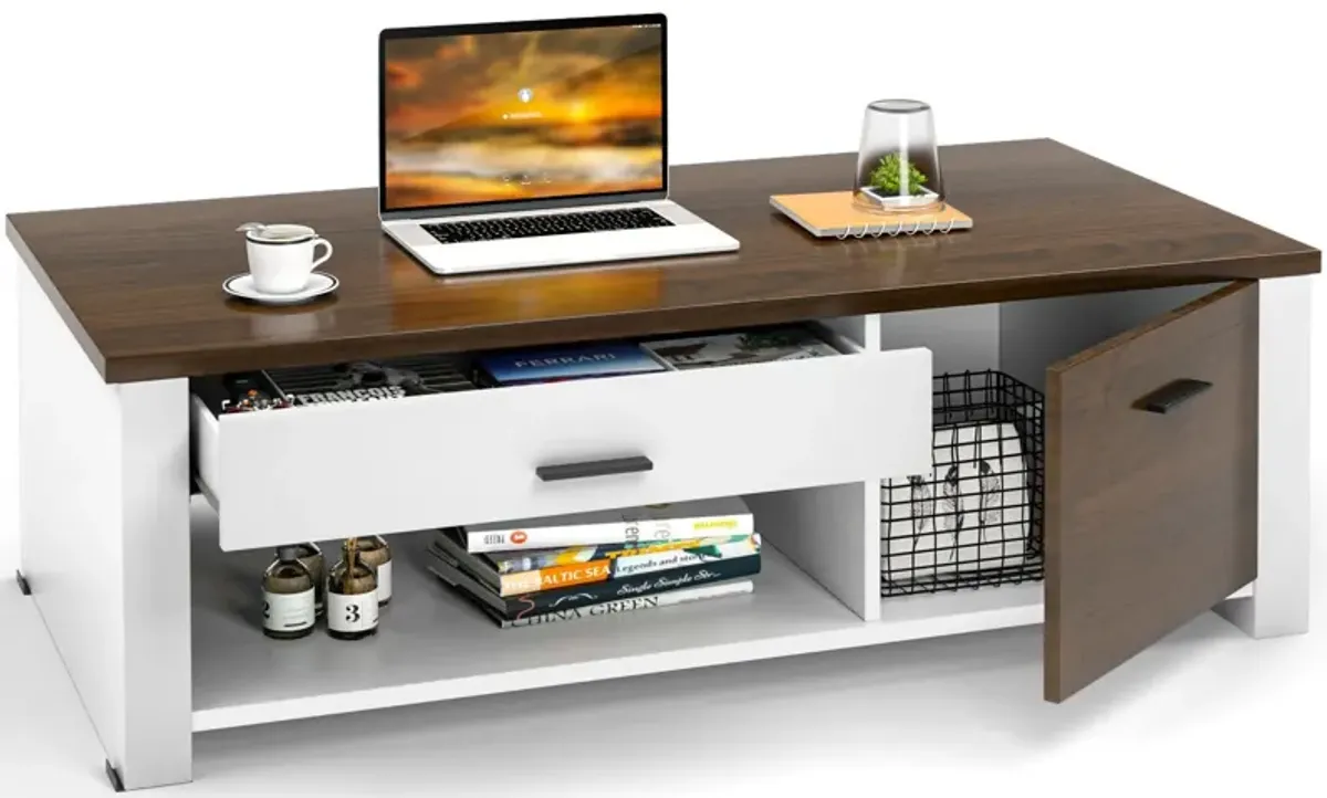 Modern Coffee Table with Front Back Drawers and Compartments for Living Room