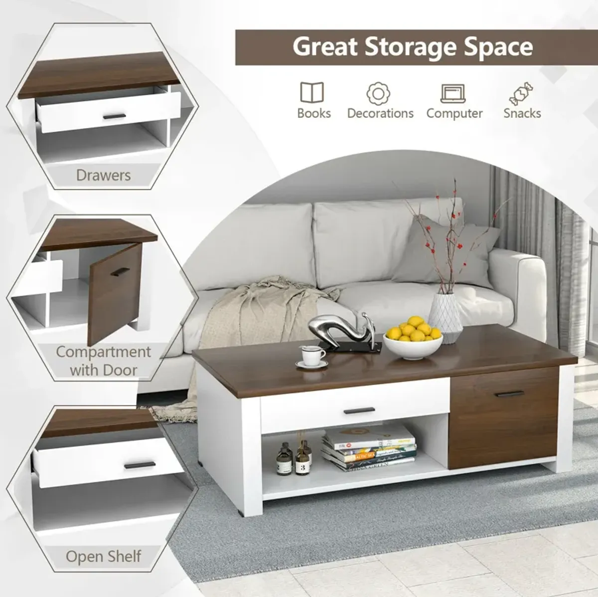 Modern Coffee Table with Front Back Drawers and Compartments for Living Room