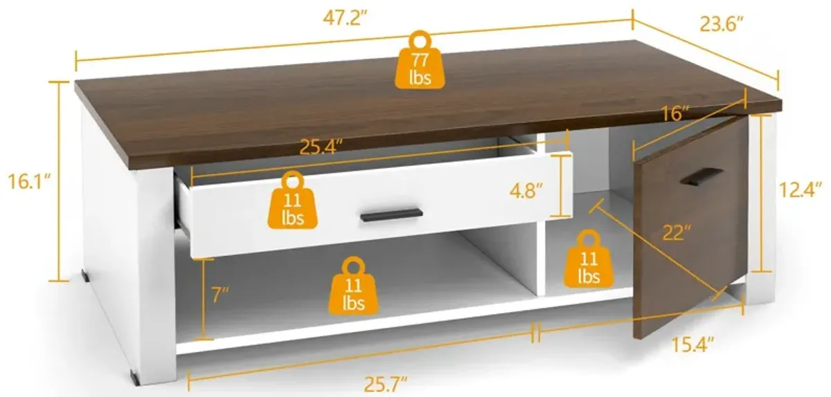 Modern Coffee Table with Front Back Drawers and Compartments for Living Room