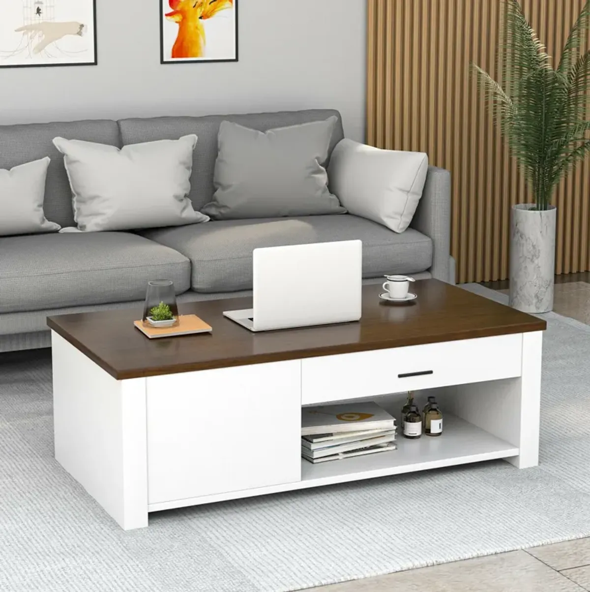 Modern Coffee Table with Front Back Drawers and Compartments for Living Room