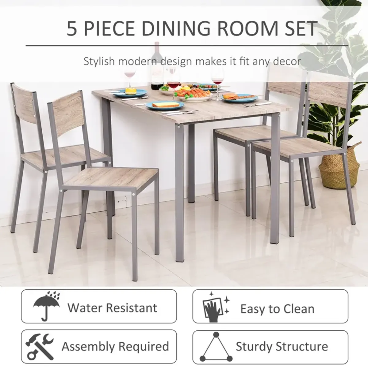 Modern Natural/Grey Dining: 5-Piece Kitchen Table & Chairs Set