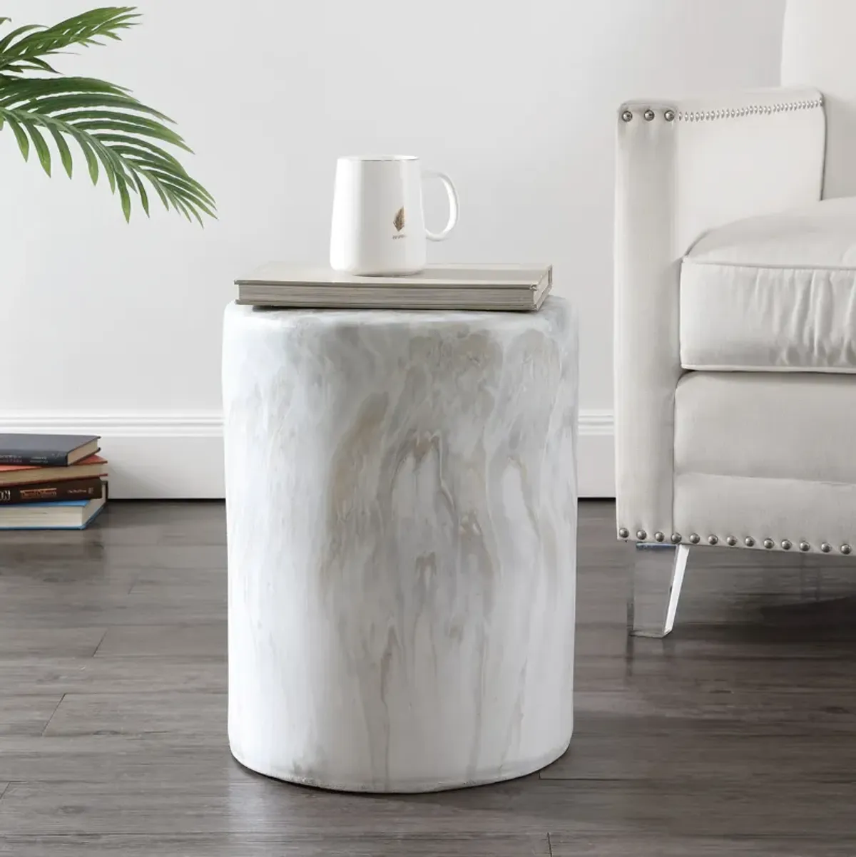 Troy Modern Minimalist Faux Marble Column Indoor/Outdoor Accent Table