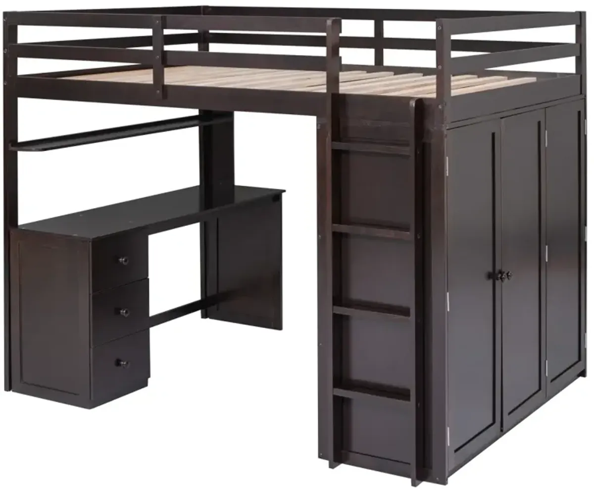 Full Size Loft Bed With Drawers, Desk, And Wardrobe