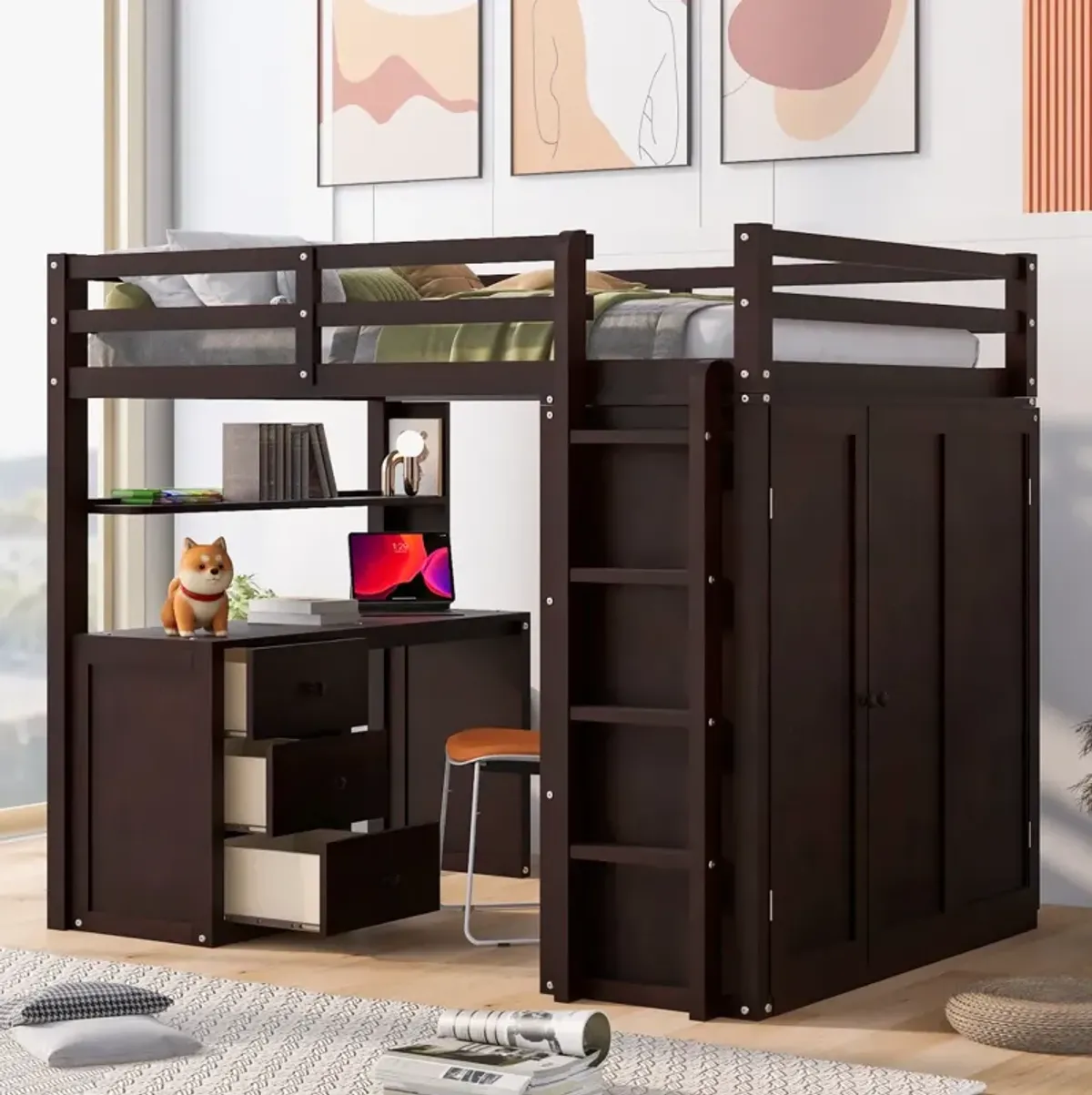 Full Size Loft Bed With Drawers, Desk, And Wardrobe