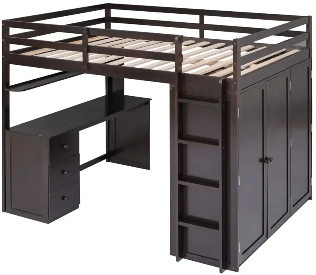 Full Size Loft Bed With Drawers, Desk, And Wardrobe