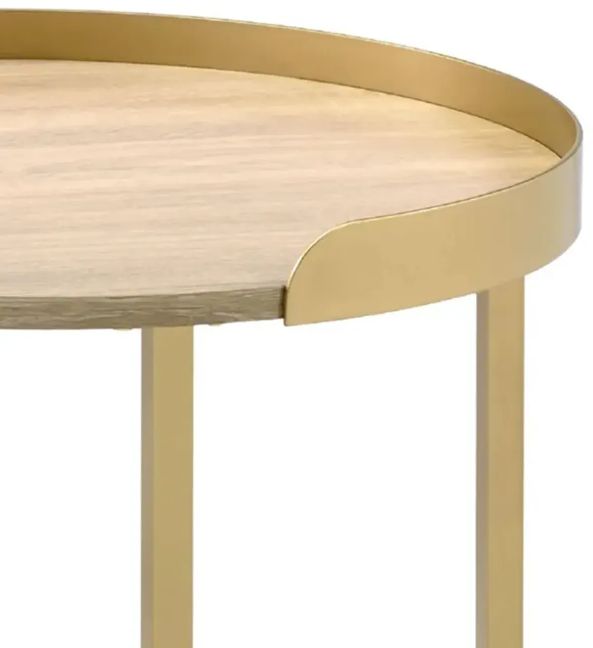 Kai 22 Inch Wood End Table, Round Tray Top, Metal Accent, Brown, Brass-Benzara