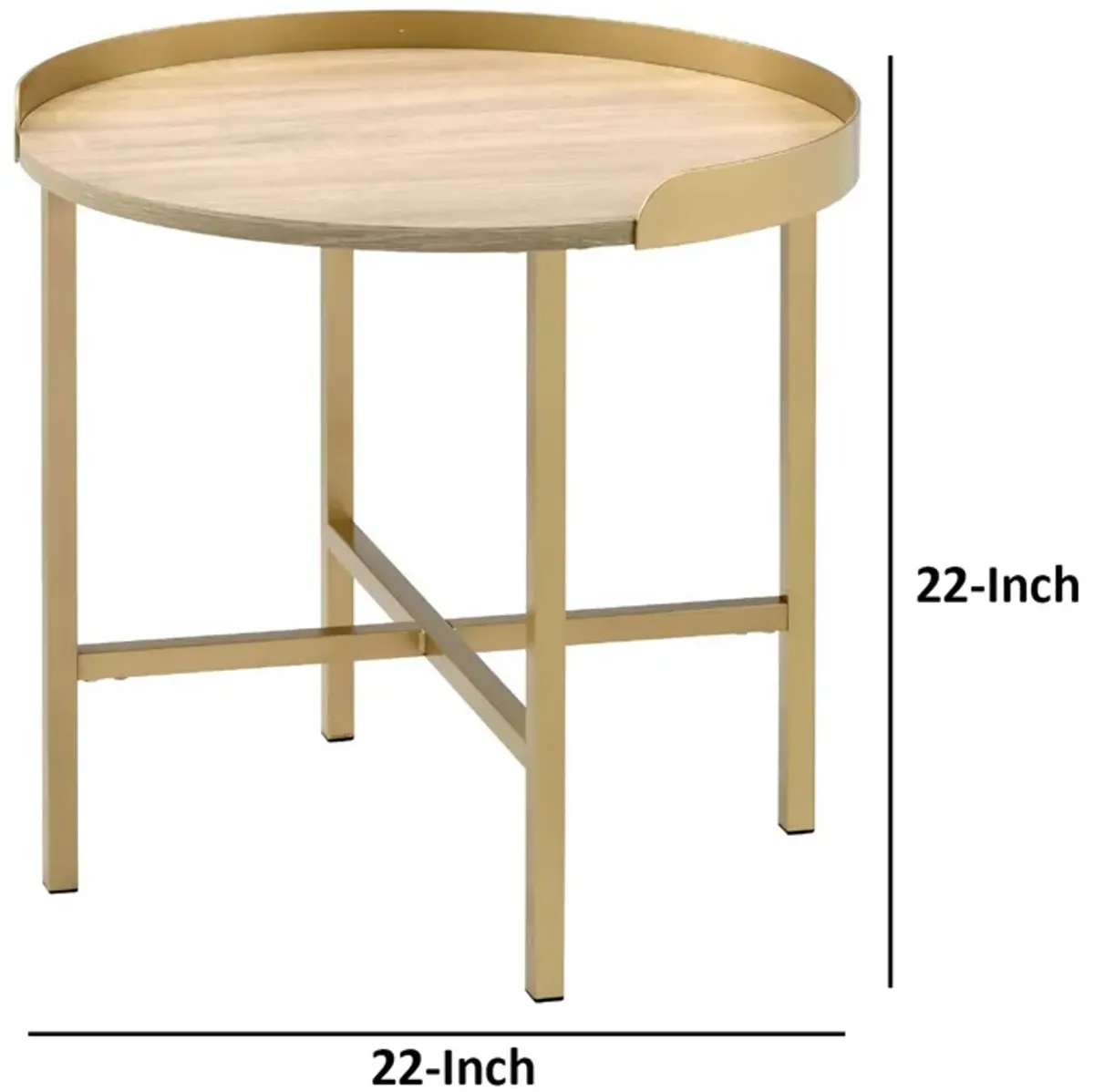 Kai 22 Inch Wood End Table, Round Tray Top, Metal Accent, Brown, Brass-Benzara