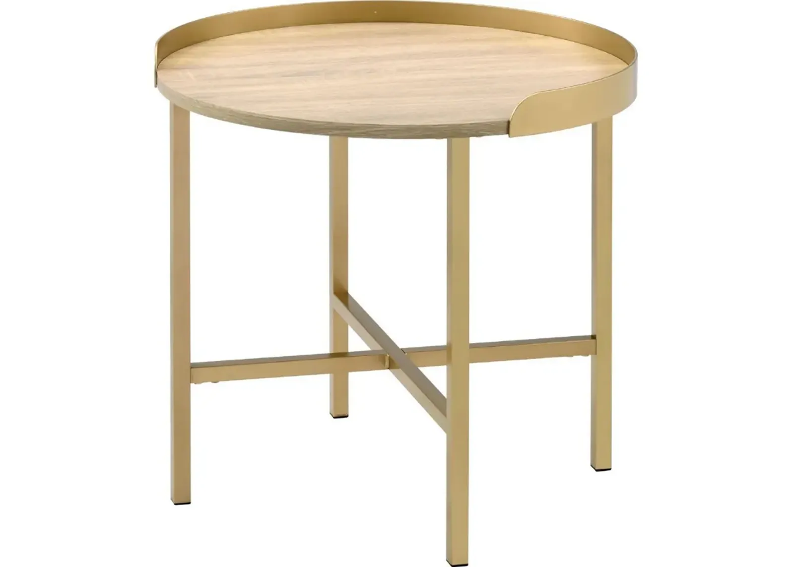 Kai 22 Inch Wood End Table, Round Tray Top, Metal Accent, Brown, Brass-Benzara