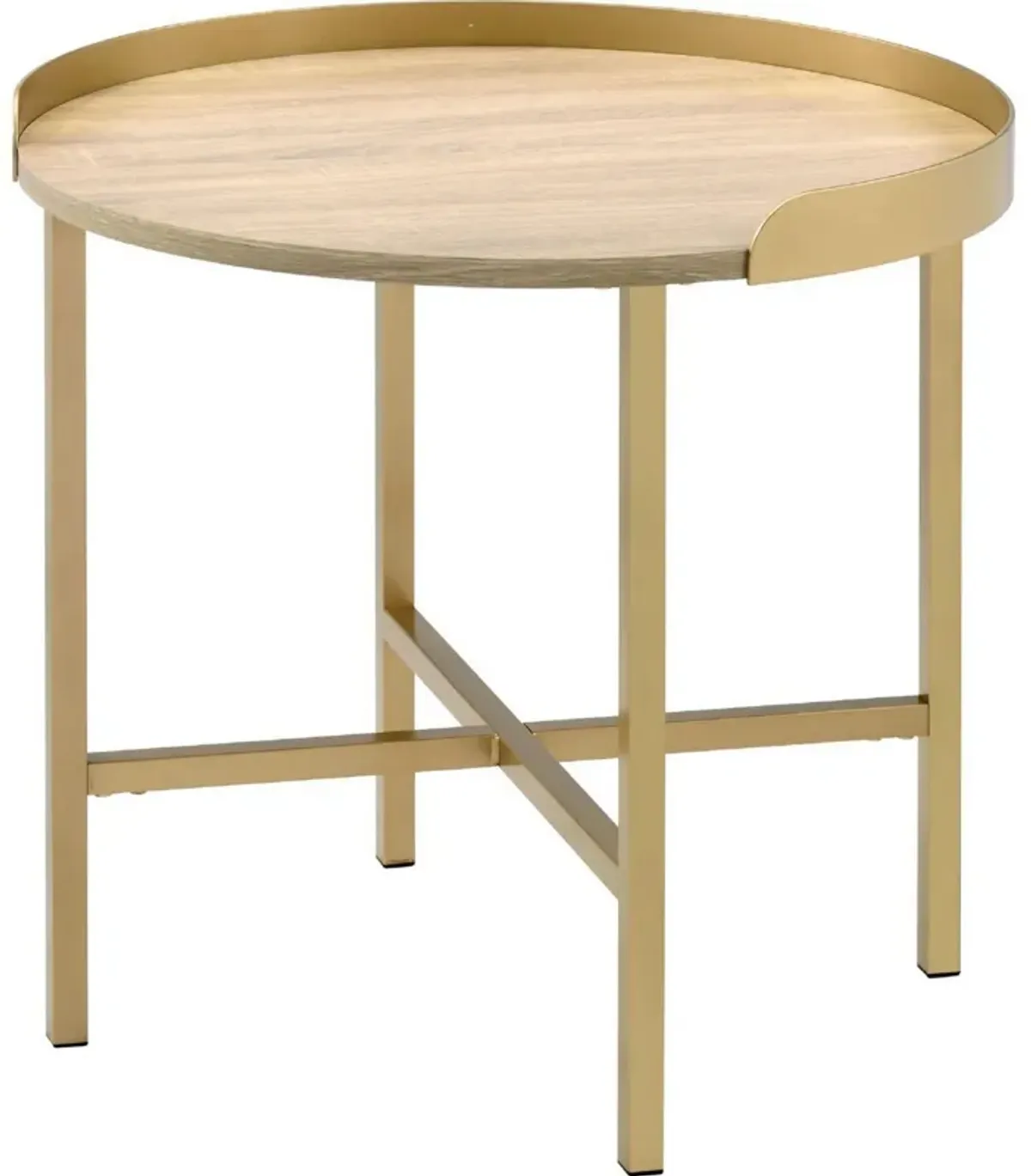 Kai 22 Inch Wood End Table, Round Tray Top, Metal Accent, Brown, Brass-Benzara