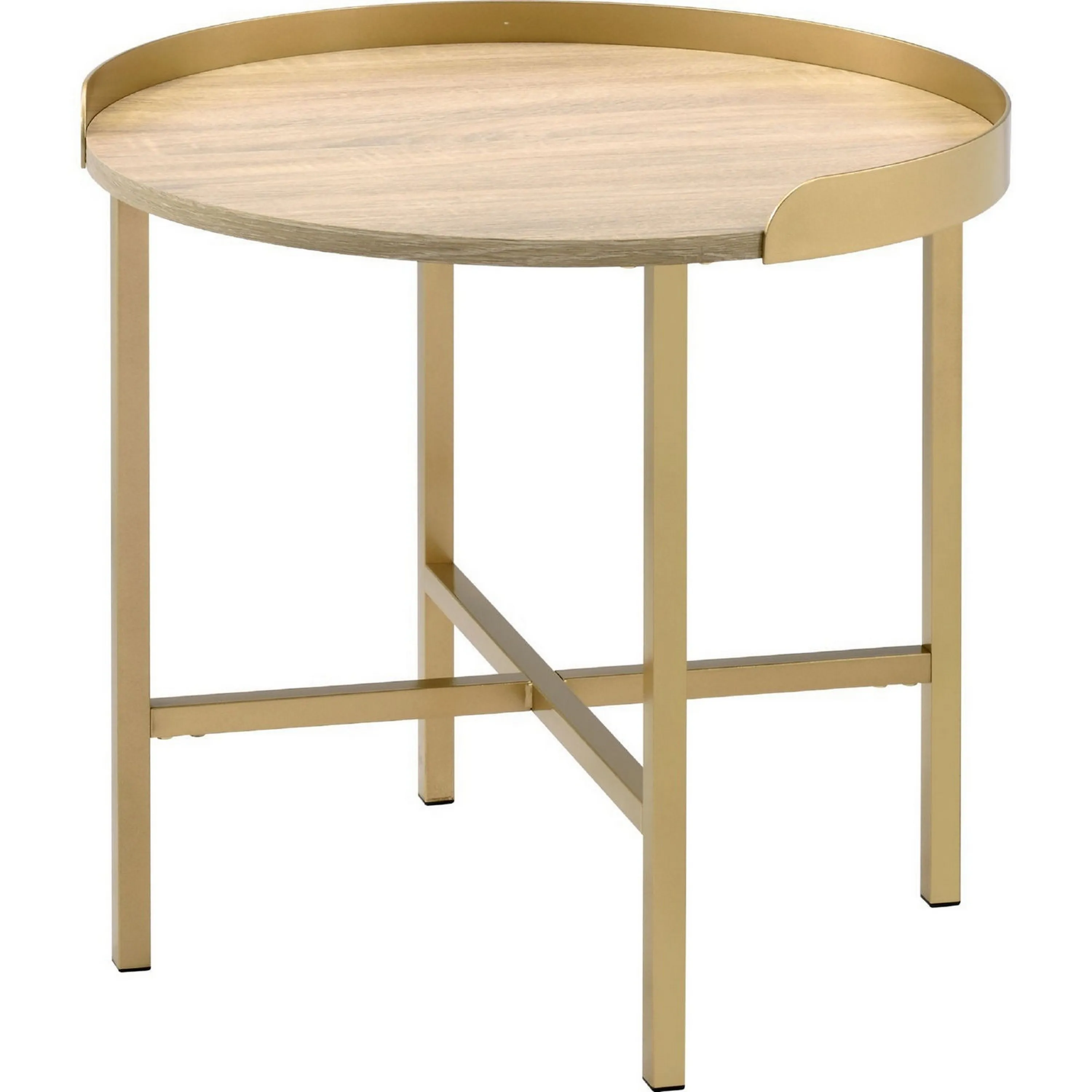 Kai 22 Inch Wood End Table, Round Tray Top, Metal Accent, Brown, Brass-Benzara