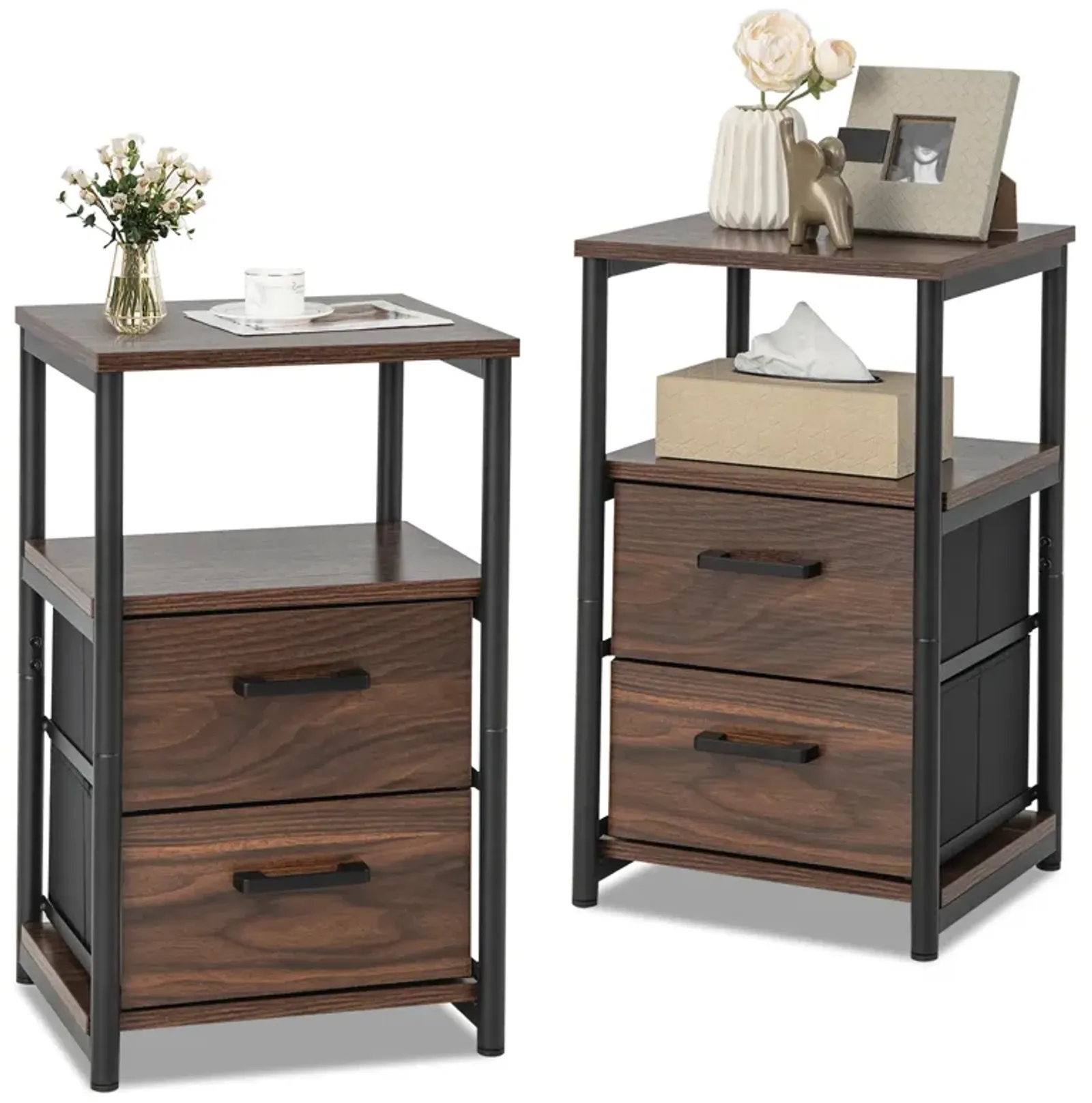 Bedside Table Set of 2 with Removable Fabric Drawers and Metal Frame
