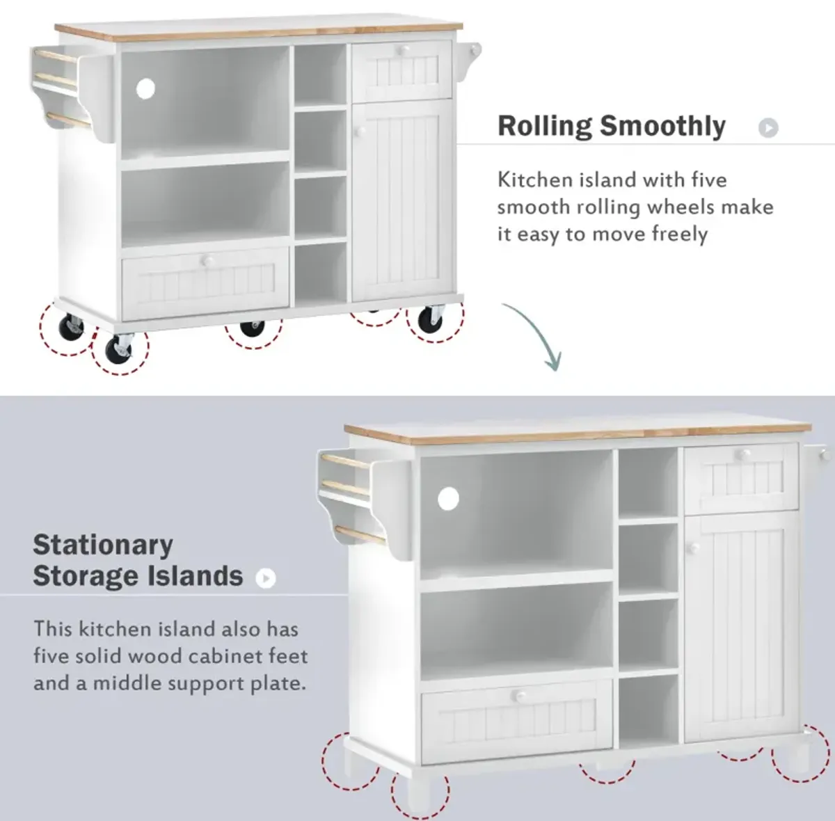 Solid Wood Kitchen Island Cart with Storage & Locking Wheels - White