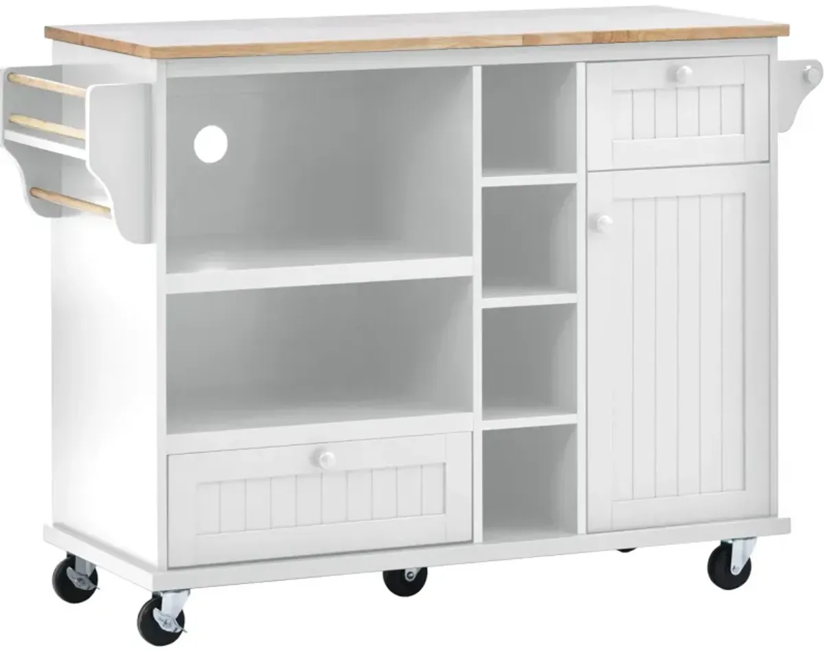 Solid Wood Kitchen Island Cart with Storage & Locking Wheels - White