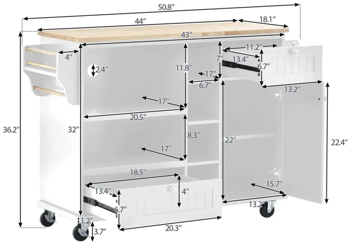 Solid Wood Kitchen Island Cart with Storage & Locking Wheels - White