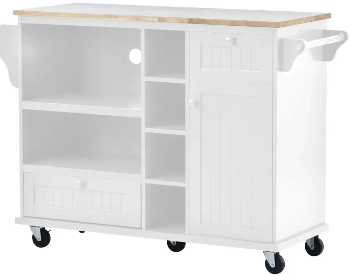 Solid Wood Kitchen Island Cart with Storage & Locking Wheels - White