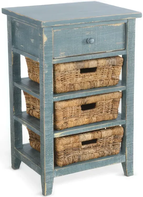 Rena End Table, 3 Natural Rattan Storage Baskets, 20 Inch Green Wood - Benzara