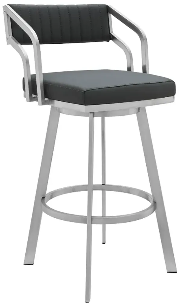 30 Inch Swivel Bar Stool Stitched Vegan Faux Leather, Gray-Benzara