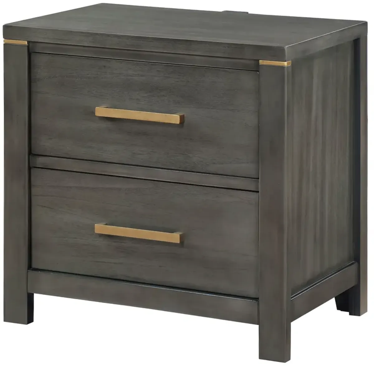 Ren Nightstand, 2 Drawers, Brass Tone Accents, Bar Handles, Dark Gray  - Benzara