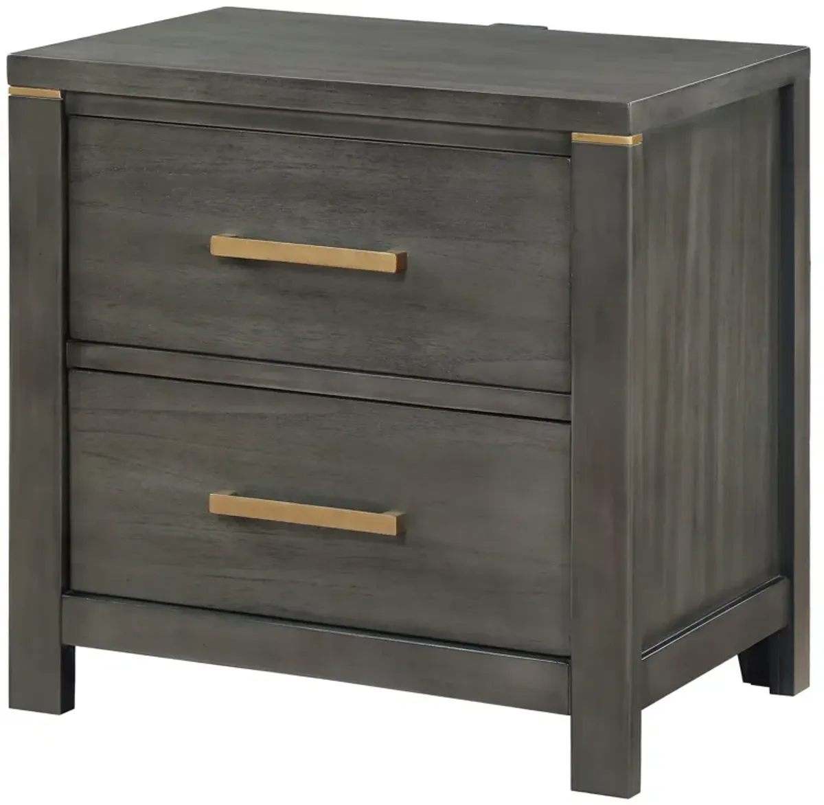 Ren Nightstand, 2 Drawers, Brass Tone Accents, Bar Handles, Dark Gray  - Benzara