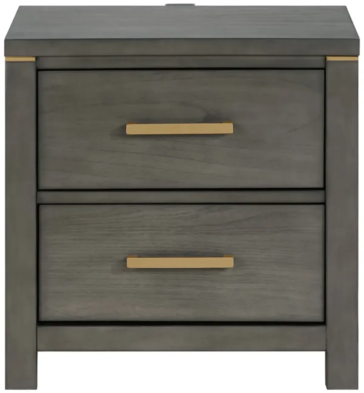 Ren Nightstand, 2 Drawers, Brass Tone Accents, Bar Handles, Dark Gray  - Benzara