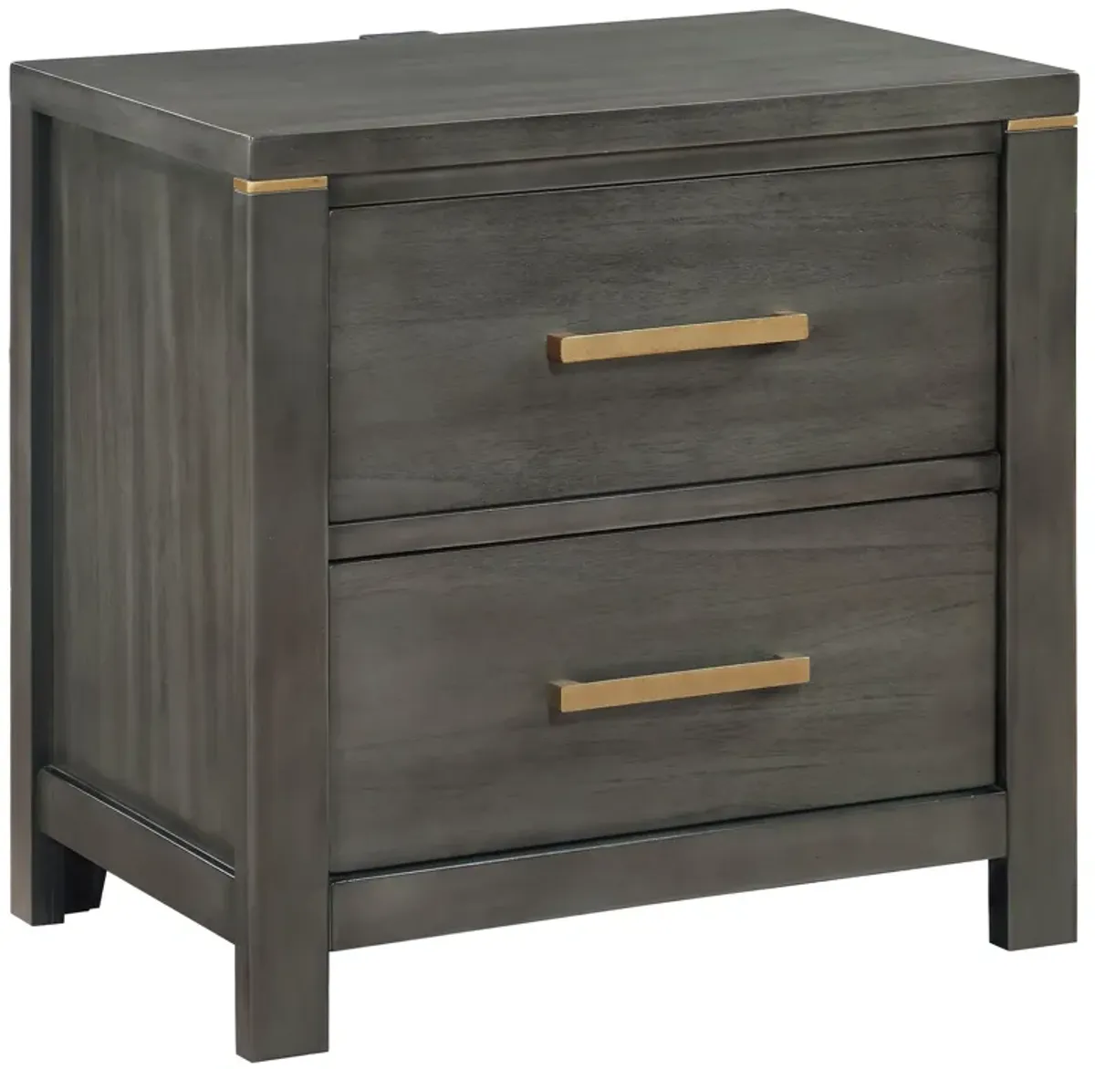 Ren Nightstand, 2 Drawers, Brass Tone Accents, Bar Handles, Dark Gray  - Benzara