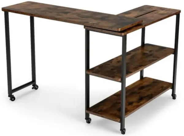 Large 360-Degree Free Rotating Sofa Side Table with Wheels and Storage Shelf-Rustic Brown