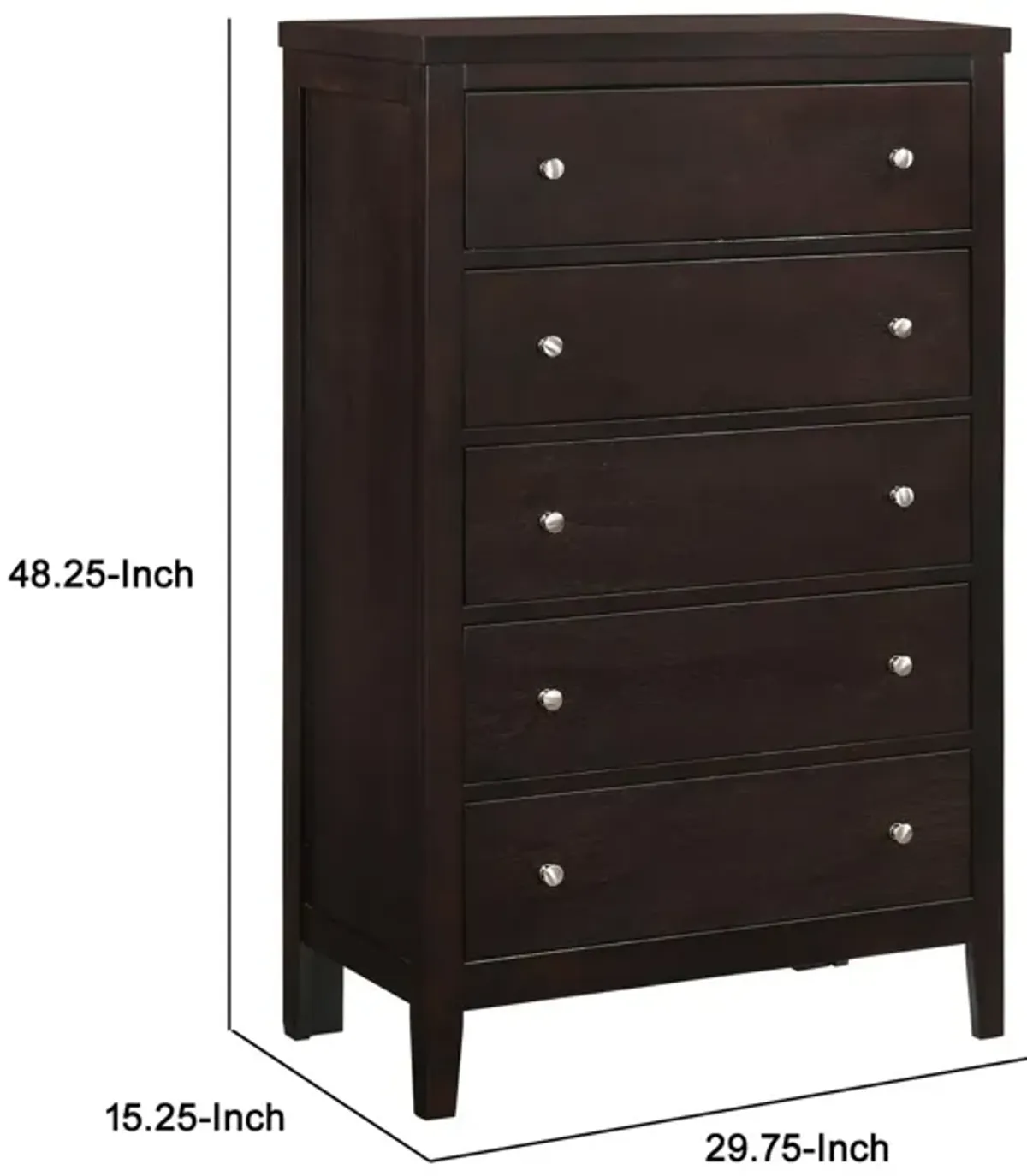 Con 48 Inch Tall 5 Drawer Dresser Chest, Silver Knobs, Cappuccino Brown-Benzara