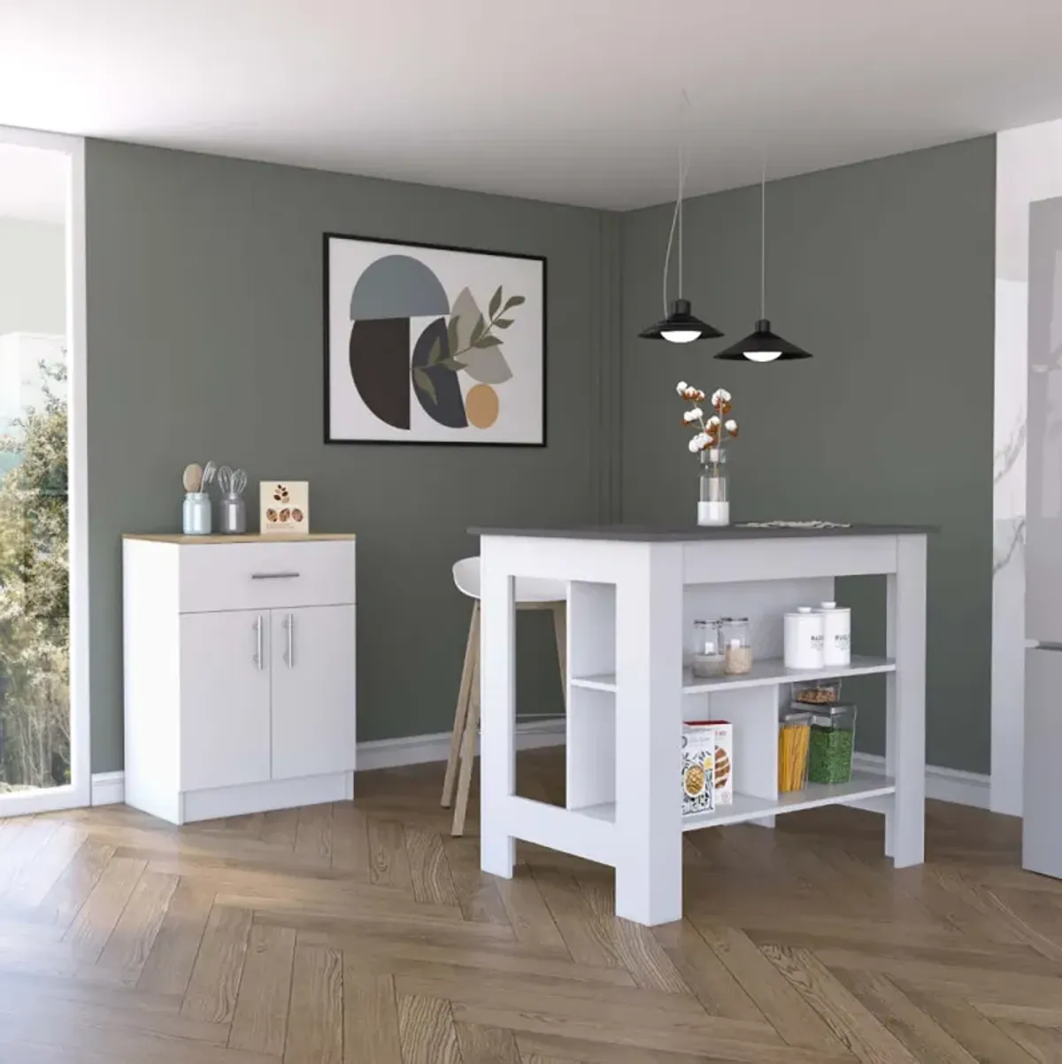 California 2 Piece Kitchen Set, Delos Kitchen Island + Barbados Pantry Cabinet, White Onyx Light Oak