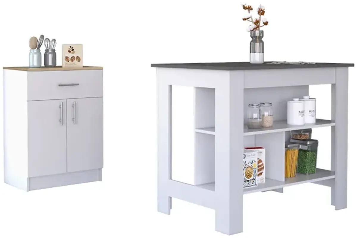 California 2 Piece Kitchen Set, Delos Kitchen Island + Barbados Pantry Cabinet, White Onyx Light Oak