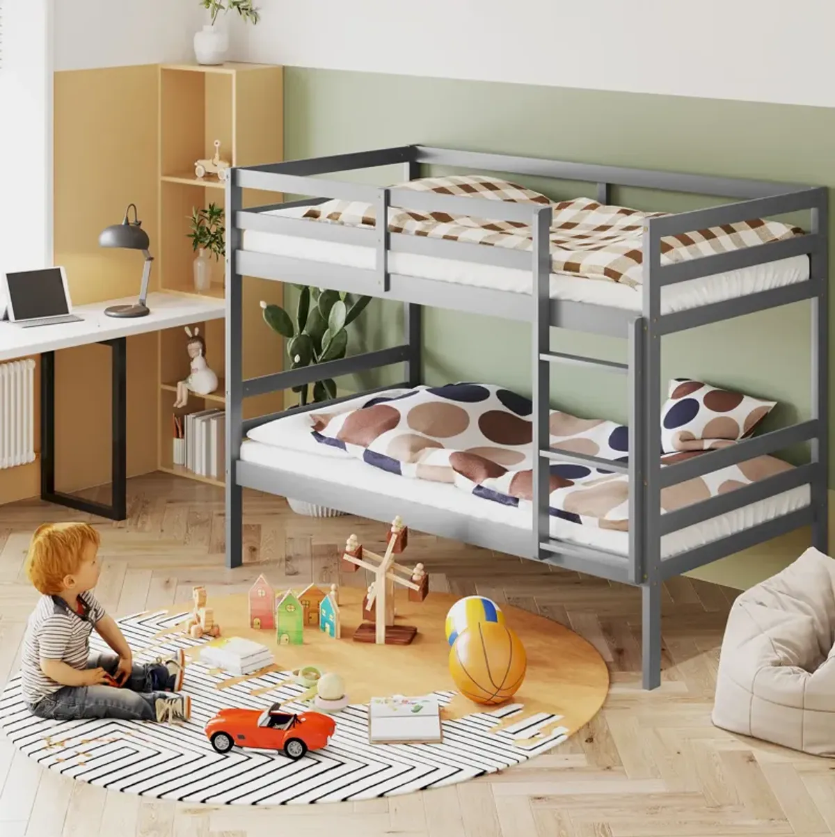 Twin Size Sturdy Wooden Bunk Beds with Ladder and Safety Rail-Grey