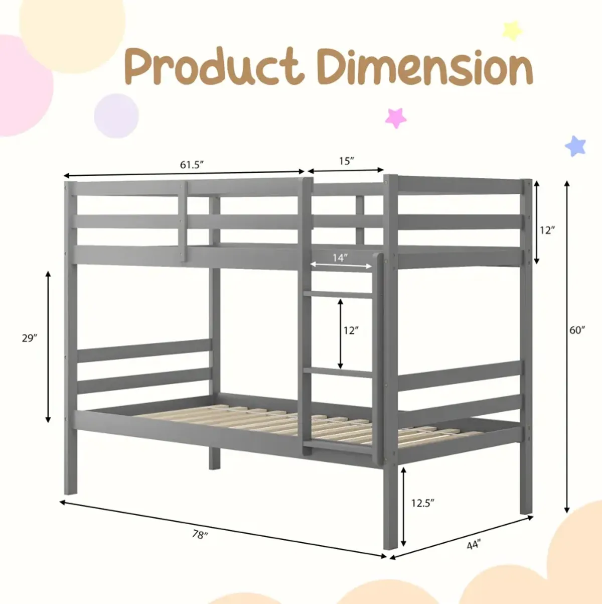 Twin Size Sturdy Wooden Bunk Beds with Ladder and Safety Rail-Grey