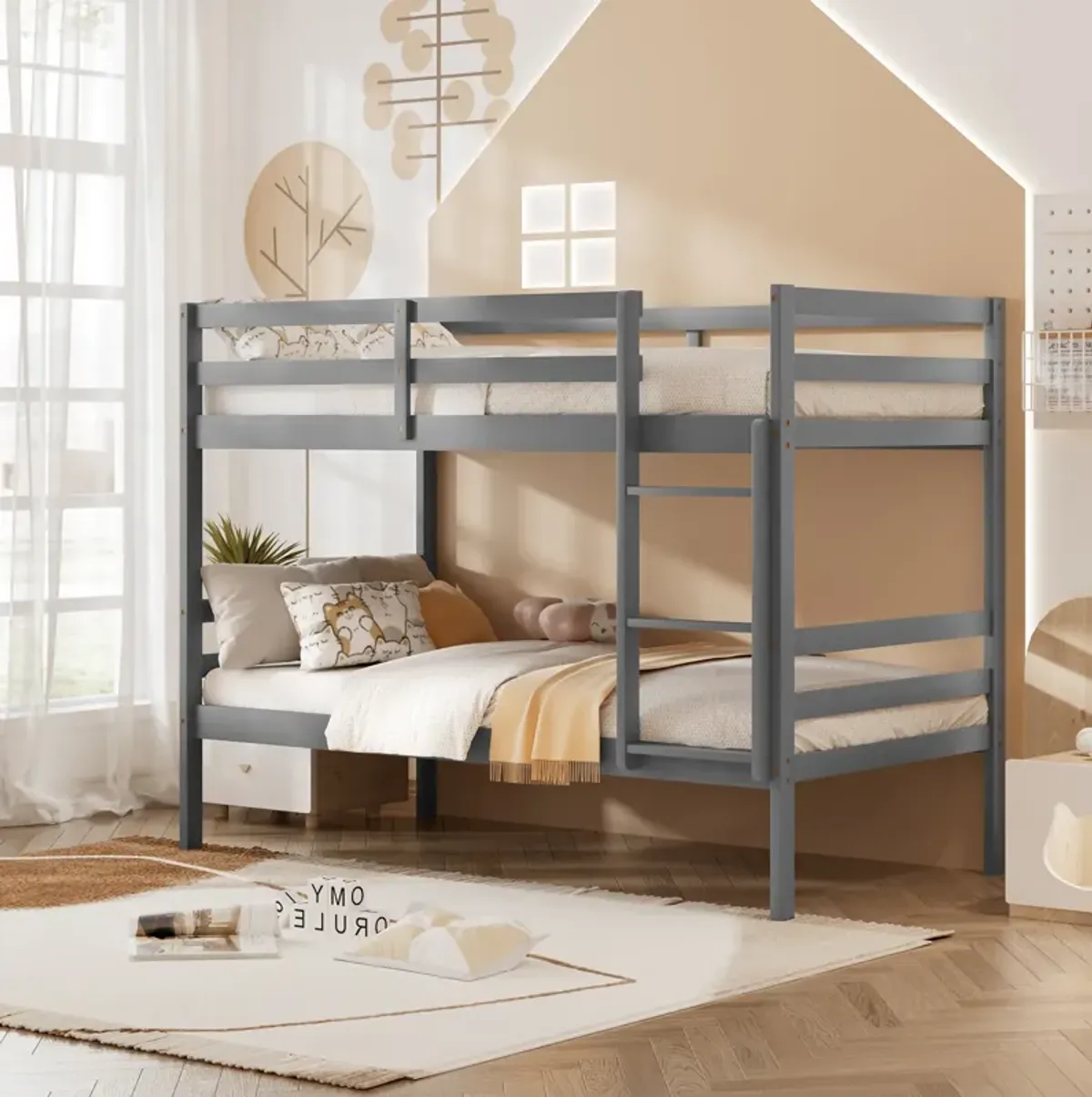 Twin Size Sturdy Wooden Bunk Beds with Ladder and Safety Rail-Grey