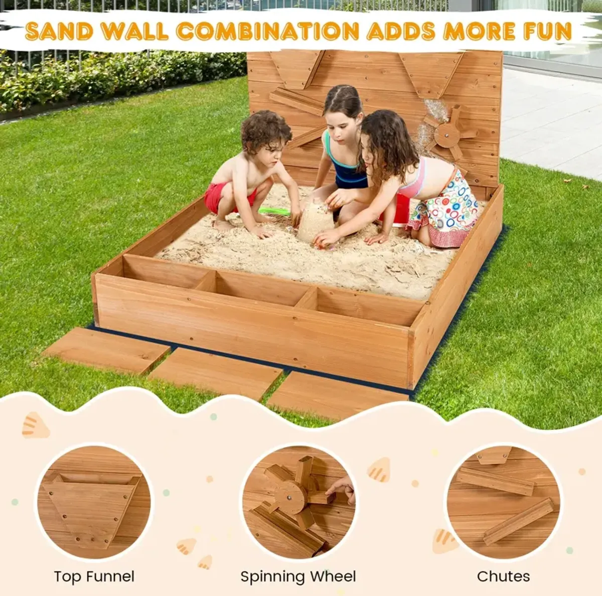 Kids Wooden Square Sandbox with Cover