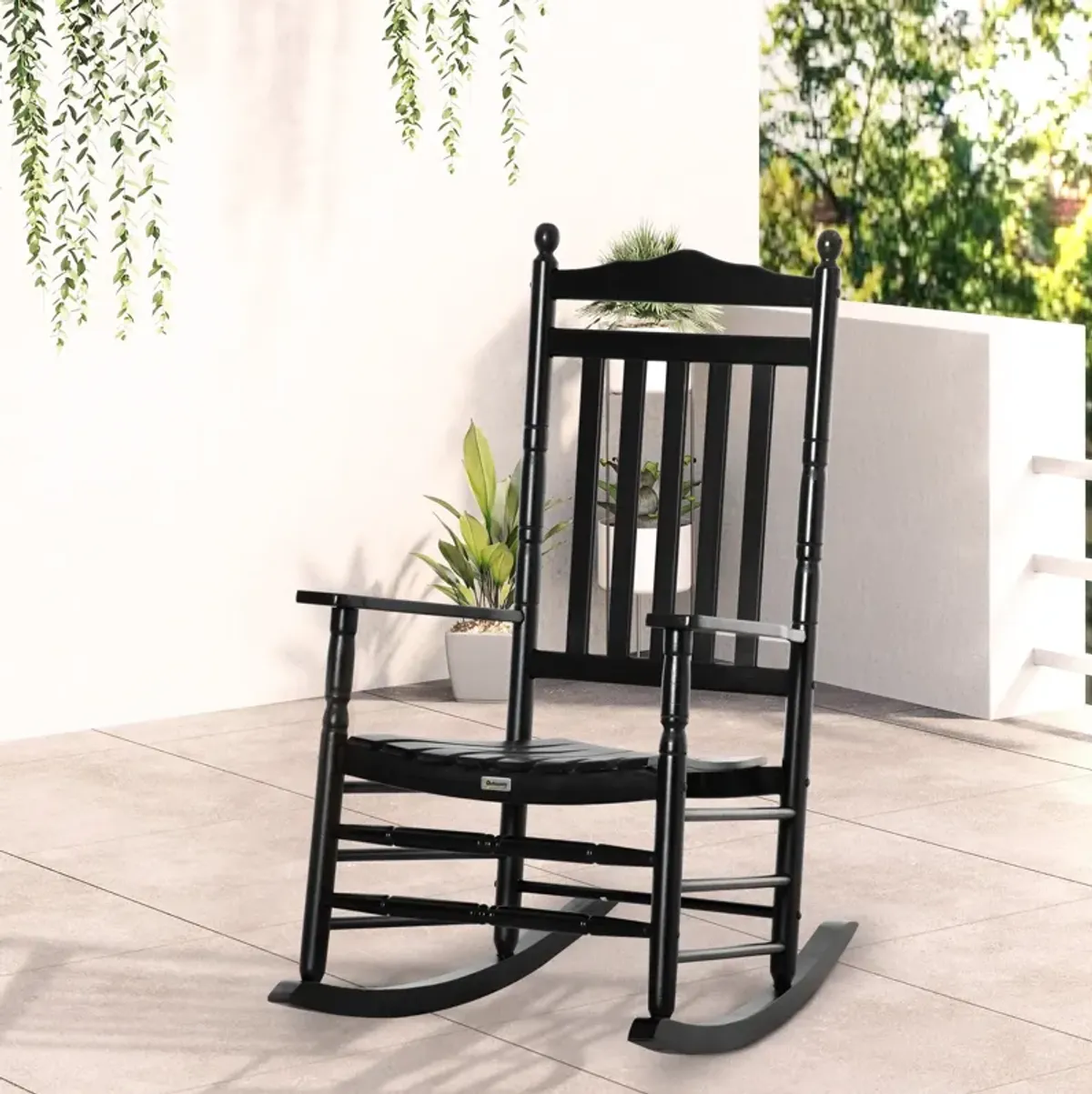 Black Porch Rocker: High-Back Wooden Indoor/Outdoor Rocking Chair