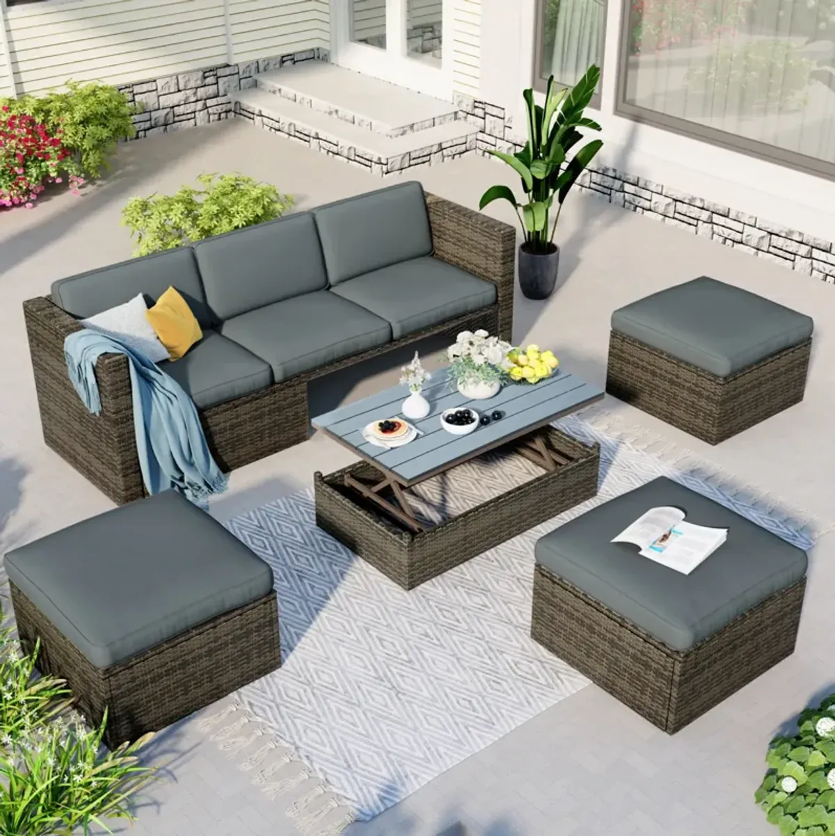 Patio Furniture Sets, 5-Piece Patio Wicker Sofa With Adjustable Backrest, Cushions, Ottomans