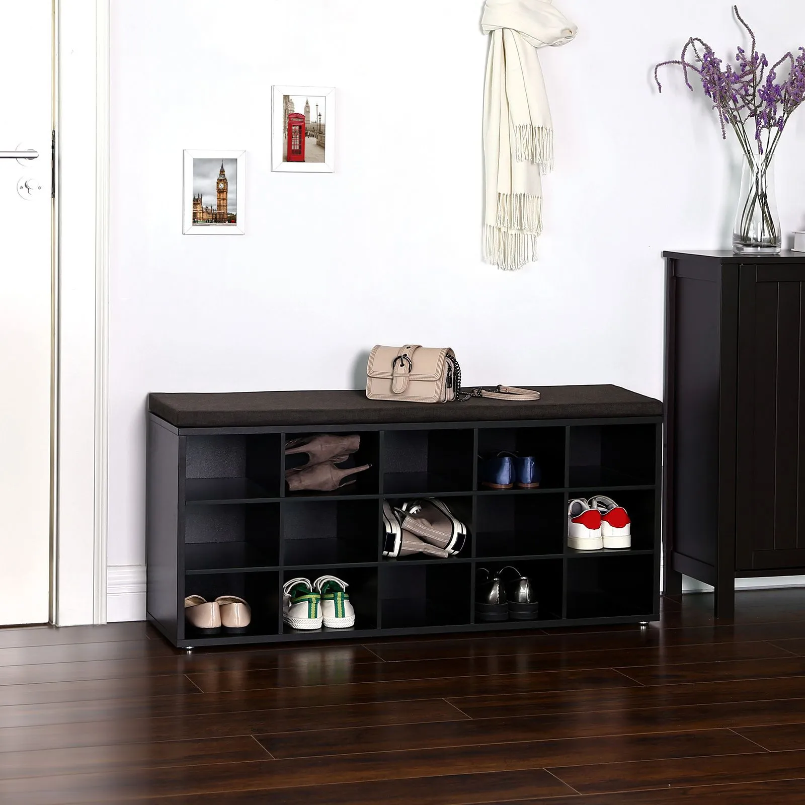 Shoe Bench with Cushion - 15-Cube Storage Bench for Entryway Organization