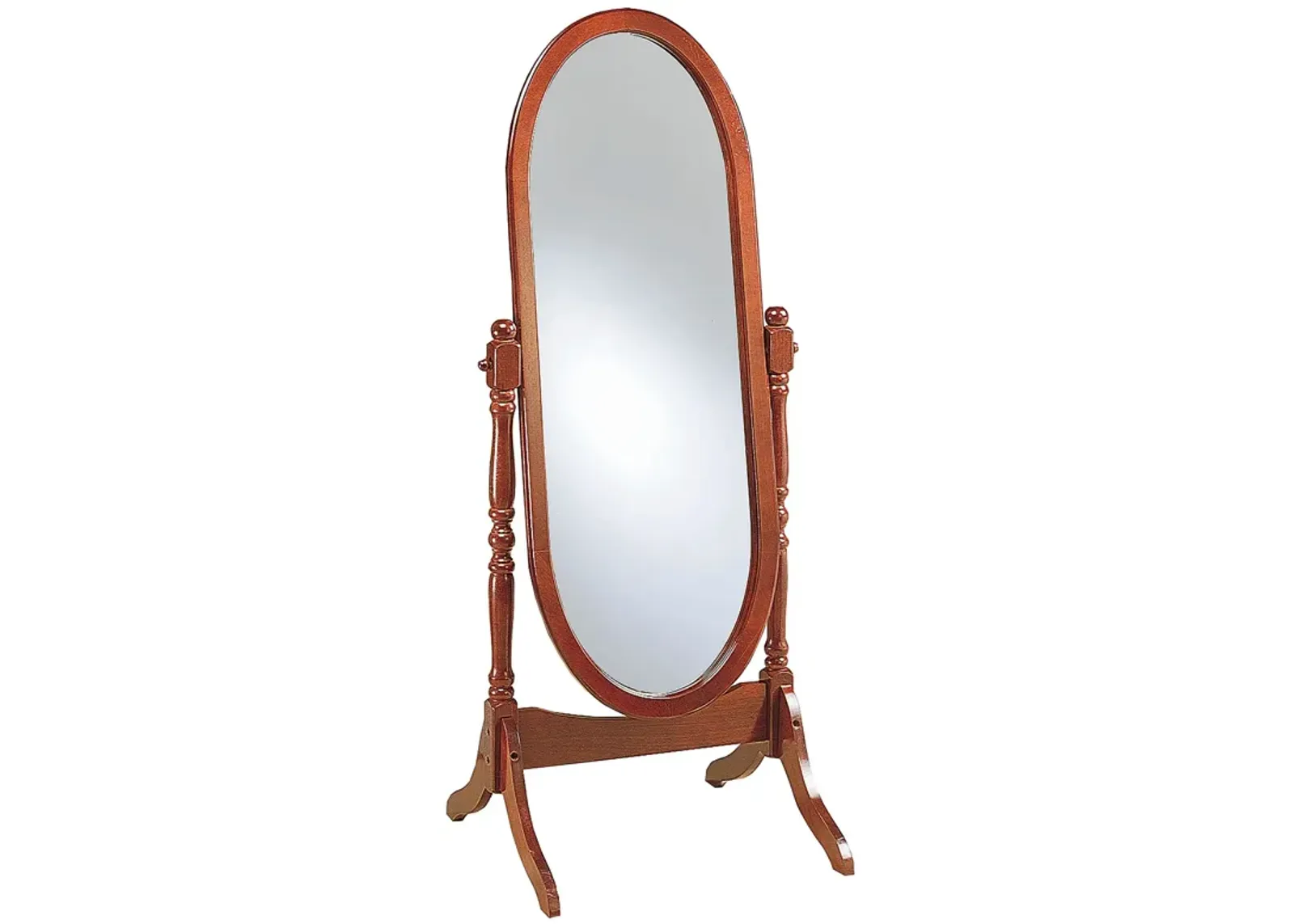 Standing Cheval Mirror with Oval Frame Turned Posts, Brown - Benzara