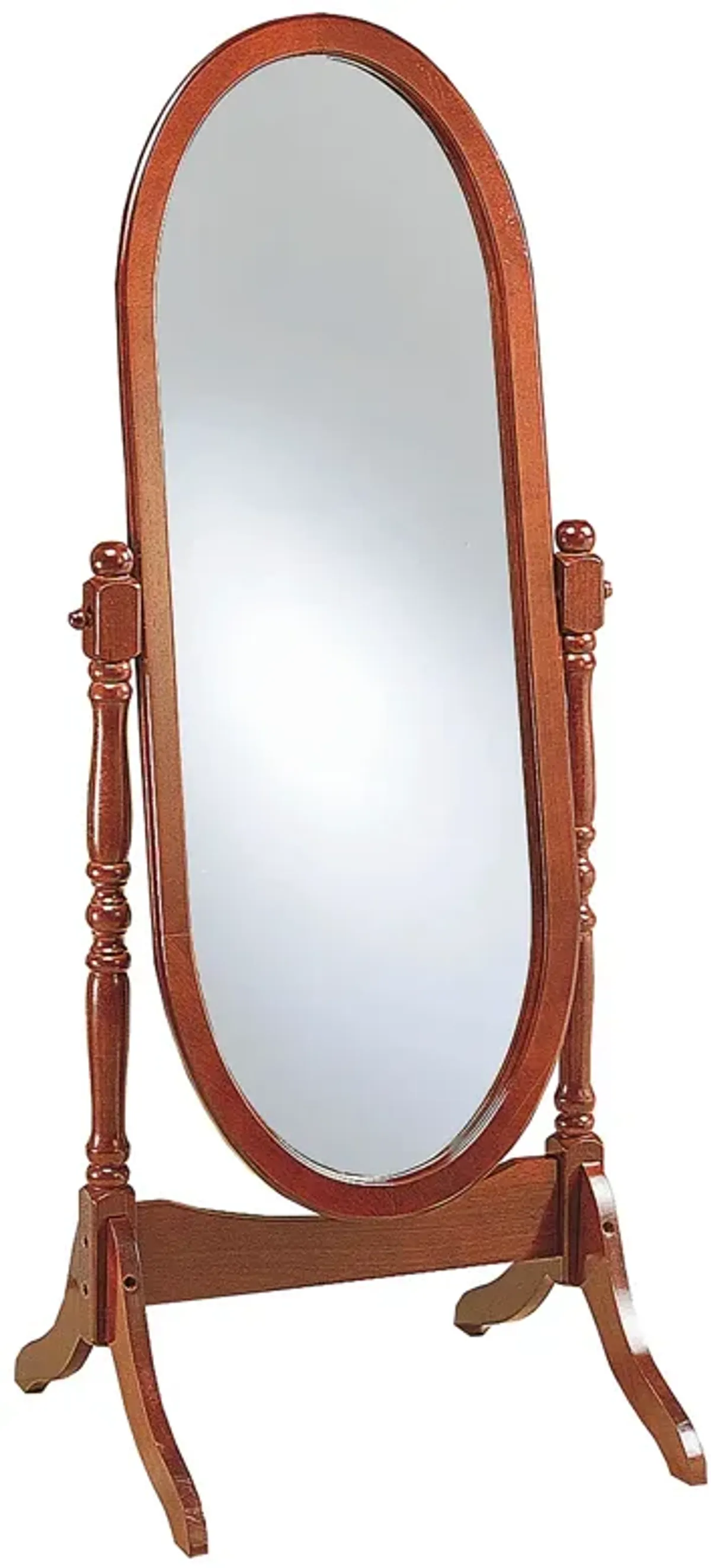 Standing Cheval Mirror with Oval Frame Turned Posts, Brown - Benzara