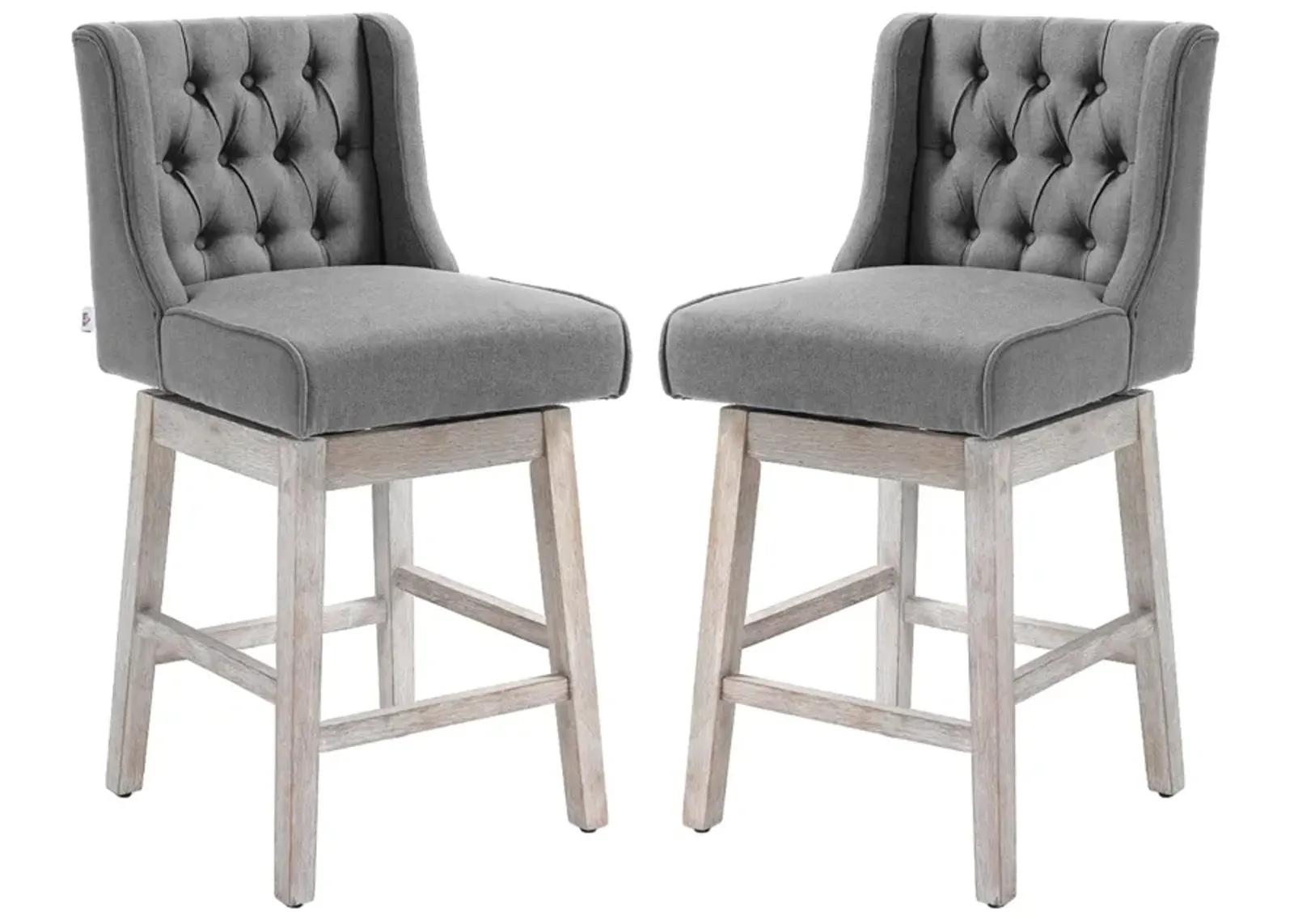 Gray Swivel Bar Stools: Set of 2, 27" Counter Height, Linen, Button Tufted