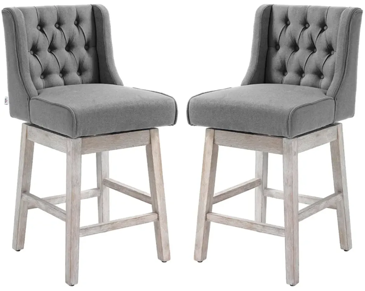 Gray Swivel Bar Stools: Set of 2, 27" Counter Height, Linen, Button Tufted